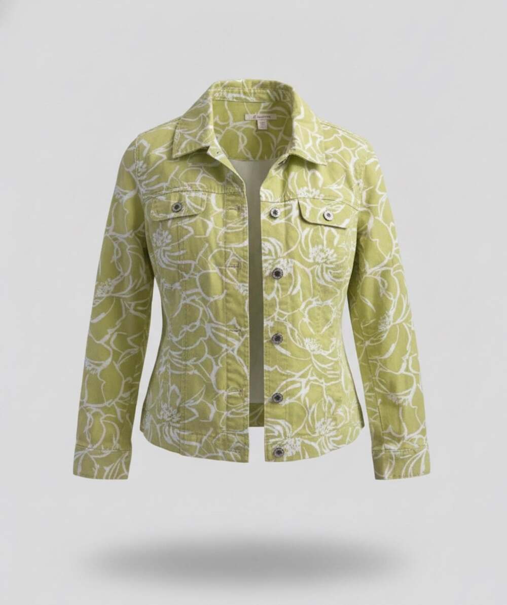 JM Collection Jacket Size 10 Green White Floral Print Cotton Denim Style